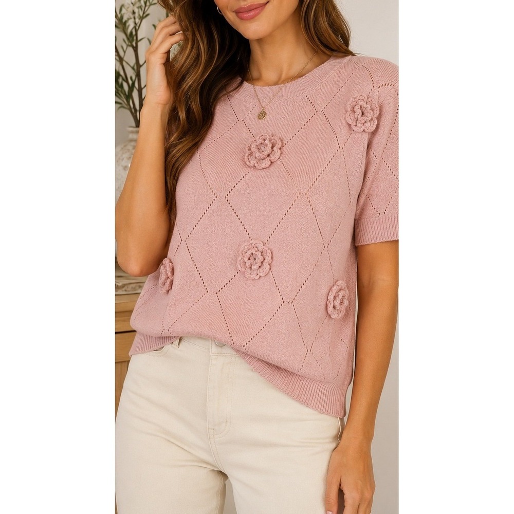 CeCe Womens Pink Floral Rosette Diamond Pointelle Short Sleeve Knit Sweater M